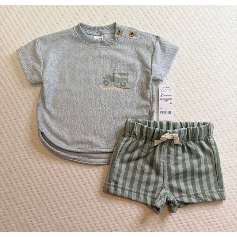 Carter's Child of Mine Baby Boys 0-3M Waffle Top and Striped Shorts Set Blue